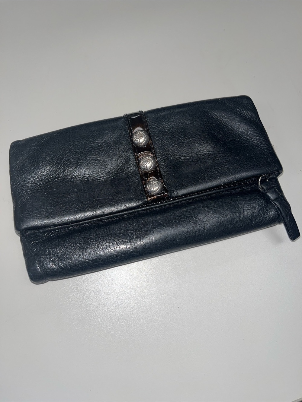 Brighton Black Leather Foldover Wallet with Silver Conchos